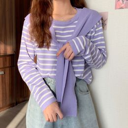 Lucyever Autumn Fashion Striped Knitted T-shirt Women O-Neck Long Sleeve Shawl T-shirts Woman Loose Casual Bottoming Tops Mujer 210521