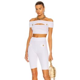 Free Women's Bandage Shorts Set Sexy Card Shoulder Hollow Button Cropped Top & High Waist Two-piece 210524