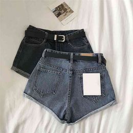 Hemming denim mini shorts women summer simple versatile high waist wide leg jeans with belt femme 210621