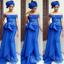 Elegant Royal Blue Evening Dresses Lace Applique Peplum Tiered Sweep Train Custom Made Plus Size Prom Party Gown vestidos M10