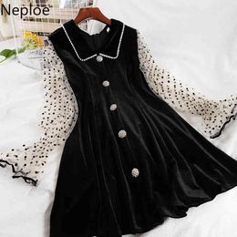 Neploe Woman Dress Spring Autumn Clothes Patchwork Polka Dot Velvet Vestidos Chic Beading Elegant Vintage Midi Dresses Women 210422