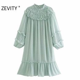 ZEVITY women fashion agaric lace dot stitching casual chiffon dress lady lantern sleeve straight vestido chic dresses DS4510 210603