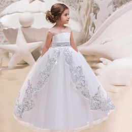 White Long Bridesmaid Kids Clothes For Girls Sequin Gown Party Wedding Clothing Girl Clothing Princess Dress 4 10 12 Years Q0716