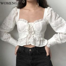 Women Eyelet Embroidered Lace Up Front Blouse with Long Puff Sleeve Vintage Sweetheart Neck tops C8F2 210603
