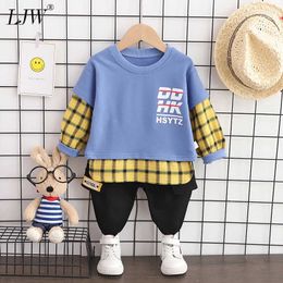 2021 spring and autumn new set Children's suit 1-4 years old boys' long sleeve English Plaid printed shirt set X0802