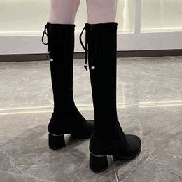 2021 Fashion Women Boots Spring Winter Over The Knee Heels Quality Suede Long Comfort Square Botines Mujer Thigh High Boots Y1105