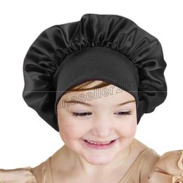 kids Faux Silky Bonnet Cap Solid Colour Turban Chemo Hat girl's Wide Elastic Band Solid Night Sleep