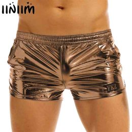 iiniim Mens Shiny Metallic Night Club Party Shorts Elastic Waistban Boxer Shorts Pouch Stage Performance Clubwear Costume Trunks 210322