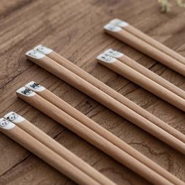 Chopsticks 1Pair Wooden Cartoon Pattern Non-Slip Cute Reusable Japanese Style Chinese Nature Colour