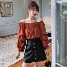 Spring Autumn Women's Lantern Sleeve Chiffon Shirt Top Korean Slash Neck Sexy Solid Colour Long GD419 210506