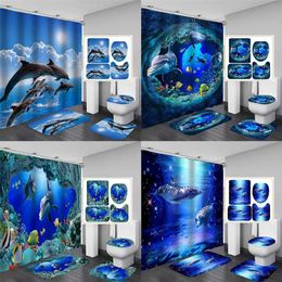 Ocean Animal Dolphin Fish Polyester Waterproof Shower Curtain Bathroom Curtains Set Non-Slip Rug Toilet Lid Cover Bath Floor Mat 211116