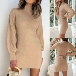 Women's Casual Pure Colour Slim Waist Long-sleeved High-necked Sweater Dress With Foundation Dresses Winter Long-sleeve 2021