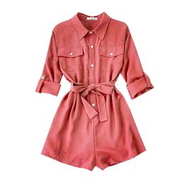 Green Coral Red Long Sleeve Playsuits Shirt Rompers Summer Beach Sash Turn Down Collar J0054 210514