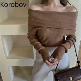 Korobov Chic Korean Elegant Solid Sweaters Vintage Sexy Slash Neck Long Sleeve Sueter Mujer Autumn Streetwear Jumper 210914