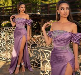 2021 Sexy Afrian Evening Special Occasion Dresses With High Slit Off The Shoulder Short Sleeve Crystal Beaded Mermaid Prom Dress Formal Pageant Womens