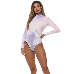 Autumn Ladies Khaki Tie-dye Bodycon Jumpsuits Winter Sale Turtleneck Long Sleeves Women Bodysuit Cotton Body Col Rouler 210604