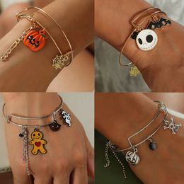 Charm Bangle Bracelets Jewelry Adjustable Alloy Enamel Pumpkin Bat Ghost Skull Pendants Gold Silver Plated Bracelet For Women Halloween Party Gift