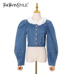 TWOTWINSTYLE Denim Patchwork Lace Shirt For Women O Neck Lantern Sleeve Short Tops Female Fashion Clothing Fall 210517