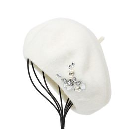 white wool caps autumn winter women fashion Diamond Flower Beret cap woman elegance leisure outdoor hat