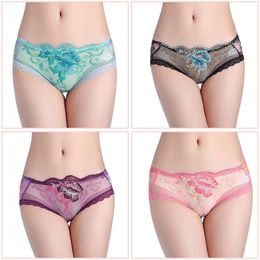 Rose lace embroidered flower panties Women's Shorts sexy transparent low-rise ladies briefs