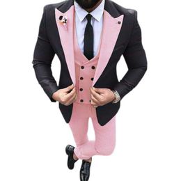 Pink Caual Men Suits with Black Jacket 3 Piece Wedding Groomsmen Tuxedo New Male Fashion Costume Double Breasted Vest Pants X0909