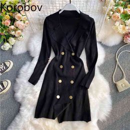 Korobov Autumn New Women's French Waist Is Thin and Small Skirt Temperament Black Suit Collar Knitted Dress 210430