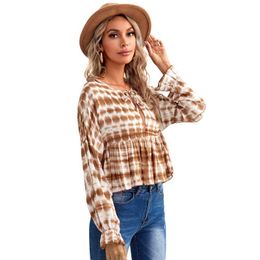Women's Blouses & Shirts Lace Up Women Top Casual Blouse Tie Dye Slim Ladies Long Sleeve Summer Clothing