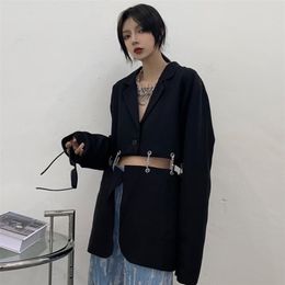 [EWQ] Autumn Female Sashes Black Button Turn-down Collar Long-sleeved Blazer Coat Single Breasted Loose Top 211019