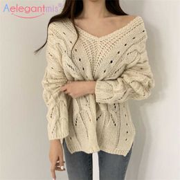 Aelegantmis Fashion Hollow Out Crocheted Sweater Women Spring Autumn Pullover Loose Tops Ladies V-Neck Casual Jumper 210607