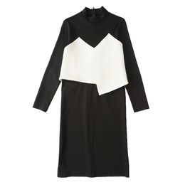 Woman Elegant Black White Office Lady Stand Collar Long Sleeve Knee Length Work Dress D0781 210514