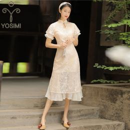 YOSIMI Beige Lace Patchwork Chiffon Short Sleeve Mid-calf Sheath Women Dress Vintage Chinese Style Cheongsam Elegant 210604