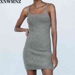 Women Vintage mini knit dress Straight neckline and thin strapsfemale casual dresses 210520