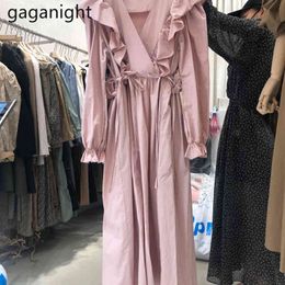 Gaganight Ruffles Women Spring Summer Maxi Dress Long Sleeve V Neck Solid Office Lady Chic Korean Dresses A Line Vestidos 210519