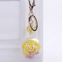 Fashion Round Sequins Glitter Rose Keychain Pendant Transparent Plastic Eternal Flower Key Chain Women Car Handbag Keyring