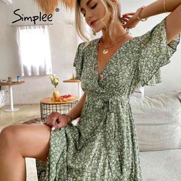 Simplee Casual green print women dress Summer holiday style V-neck lace flared sleeve dresses Ruffled short-sleeved floral dress 210322