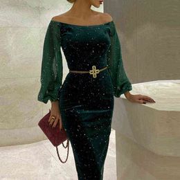 2022 Spring New Lightly Cooked Skinny Long Dresses Women Casual Off Shoulder Velvet Chic Party Dress Lady Slim Shiny Mesh Dress Y1204