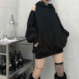 Streetwear Off Shoulder Sweatshirt For Women Hooded Collar Long Sleeve Casual Black Sweatshirts Female Fashion 210524