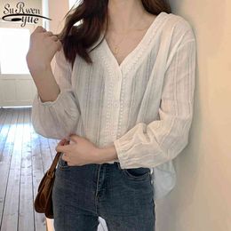 Korean Style Sweet Lace V-neck Puff Sleeve Shirt Women Ladies' Tops Solid Cotton Simple and Blouses 10914 210427