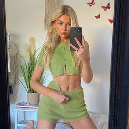 Knitted Summer Women Shorts Set 2 Piece Sets Womens Outfits Casual Slim Green Elastic Tracksuit Crop Top Y2K 210427