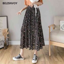 Summer Skirts Streetwear Womens Vintage Bohemian Floral Printed Chiffon Pleated Elastic High Waist Midi For Women 210520