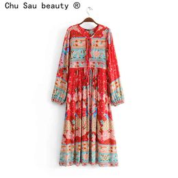 Chu Sau beauty Boho Floral Print Maxi Dress Women Holiday Style Bow Tassel Long Dresses Female Loose Beachwear 210508