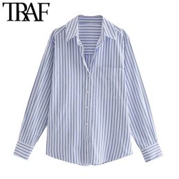 TRAF Women Fashion Office Wear Striped Loose Blouses Vintage Long Sleeve Pockets Female Shirts Chic Tops 210719