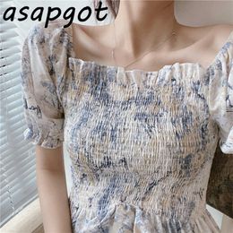 Shirts & Blouses Sweet Square Neck Flare Short Sleeve Crop Tops Women Slim Waist Pleated Floral Chiffon Blouse Blusas Mujer Sexy 210610