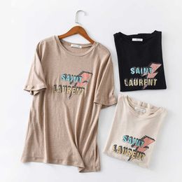 Women Summer Letter Print T-shirt Cotton Loose Casual O-Neck Short Sleeve Tees Brand Female Clothing New Fashion Solid Colour Top X0628