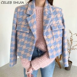 Chic Korean Wool Jacket Woman Fall Blue Plaid Notch Collar Woollen Coat Houndstooth Runway Design Blends Outfit Autumn and Winter 210930