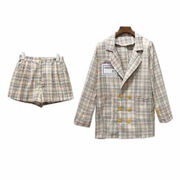 PERHAPS U Women Pink Apricot Plaid Notch Collar Double-breasted Blazer Empire Shorts Pant Casual Loose Two Pieces Set T0193 210529