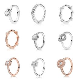 Women 925 Sterling Silver Rings Rose Gold Heart Round Crystal Finger Ring for Wedding Party Jewelry