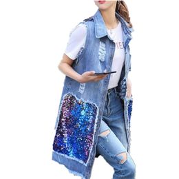 spring sequined long vest women hole denim vest jacket loose size xxxl dark blue 210817