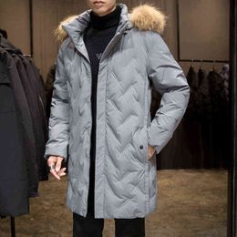 90% White Duck Down Padded Men's Winter Warm Jacket 2021 New Fur Hooded Windbreaker Outwear Black Grey Thicken Long Down Coats Y1103