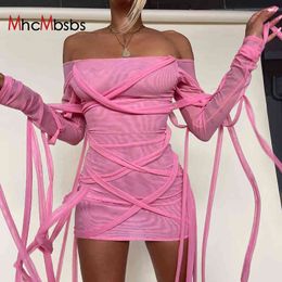 Aesthetic Bandage Mesh Bodycon Pink Mini Dress for Women Summer Clothes Sexy Off Shoulder See Through Club Outfits 210517